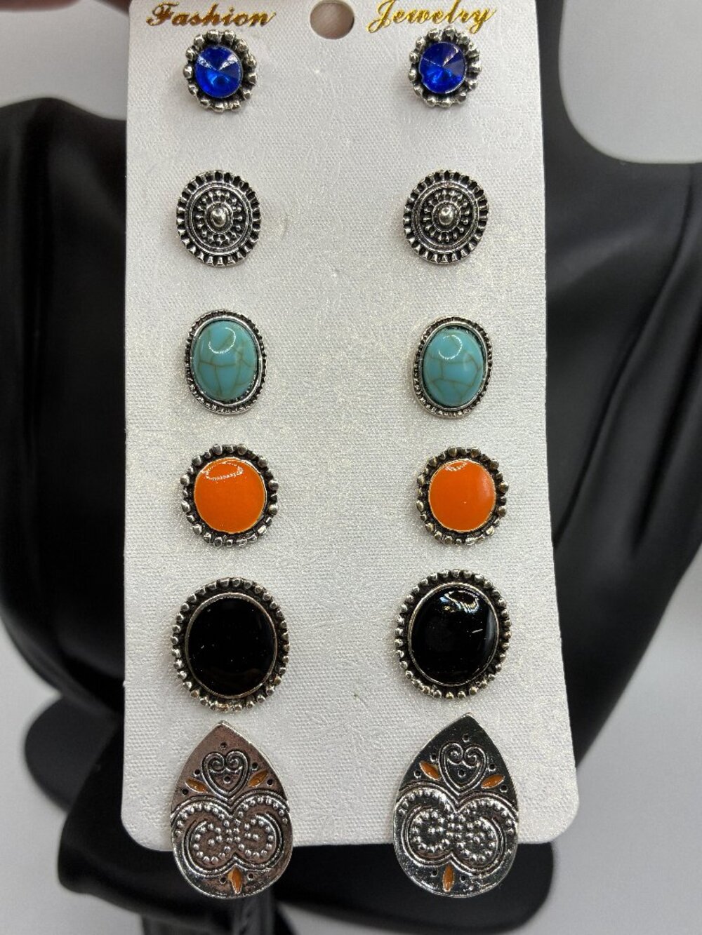 6-Pack Silver Stud Earrings - Sapphire Blue, Turquoise, Orange, Black, Paisley